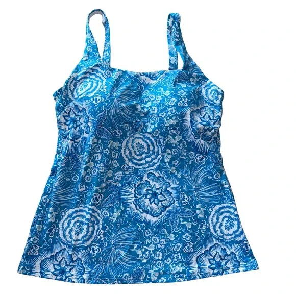 Lands End Blue White Floral‎ Tankini Swim Top Adjustable Straps Size 10