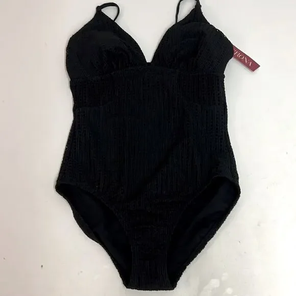 Merona Black Baker Weave Lace‎ One Piece Swimsuit D22