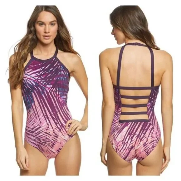 Carmen Marc Valvo Women's Tropical Palm‎ Halter Open Back Swimsuit Purple Size 4