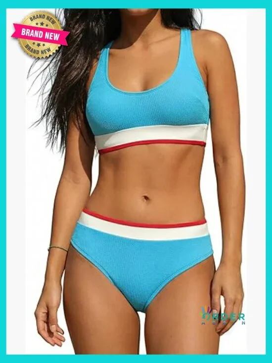 Sporty Two Piece Bikini Set Scoop Neck Padded Cups Adjustable Straps Full