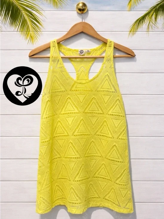 👙🌴🌺 Bright Yellow Crochet Swim Cover Up Lagaci Medium Cutout Beach Tank Boho