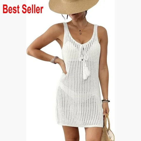 Crochet Hollow Out Backless Beach Cover Up Sleeveless 100% Acrylic
