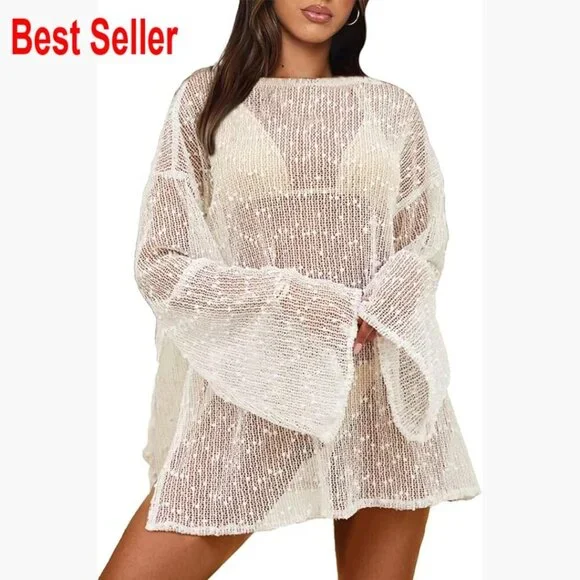 Crochet Swimsuit Coverup Boat Neck Long Sleeve Beach Caftan Dress