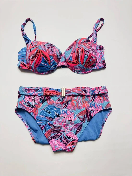 Lilly Pulitzer Tropical Floral Bikini Set Blue Pink Underwire Top 12 Bottom 10
