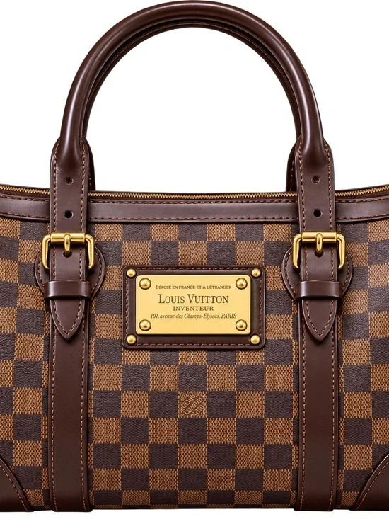 Louis Vuitton Berkeley Brown Damier Ebene Leather Satchel with Gold Plaque Purse