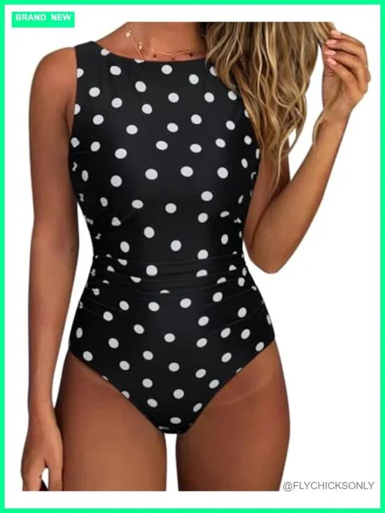 Women One Piece Ruched Tummy Control Swimwear Backless Bathing Suit High Waisted
