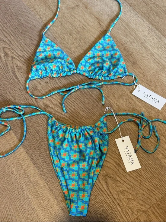 NWT Natasia Swim “Es Vedra” - Blue & Orange Geo Print String Bikini