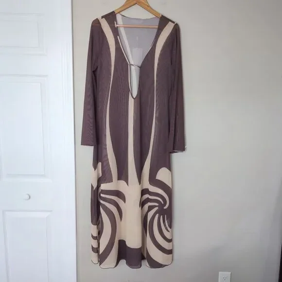 Caroline Constas Swim NWT Tan/Brown Mesh Sheer Cutout Maxi Coverup Dress Medium