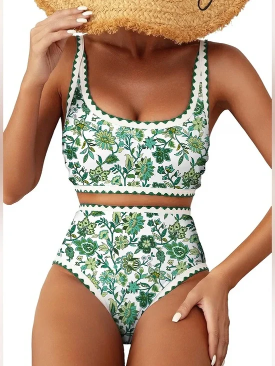 Green Floral High-Waist Bikini Set - Women Swim