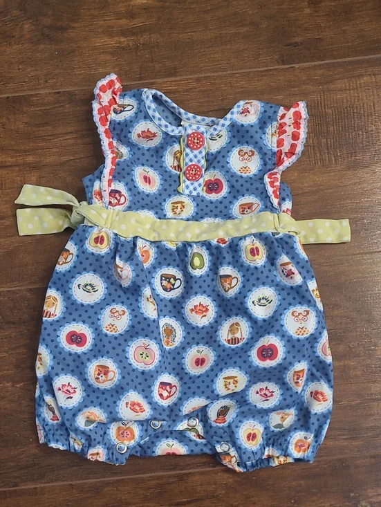 Matilda Jane Blue Polka Dot Fruit Medallion Romper with Yellow Tie Size 3 To 6 M