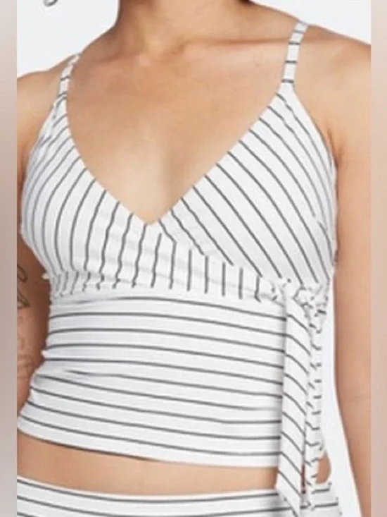 CALIA Women's Tie Front Tankini Top - Stripe Black LG