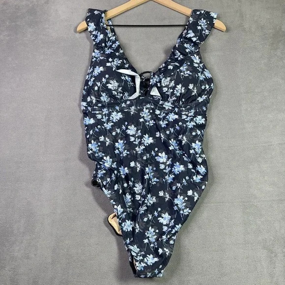 A Pea in the Pod Swimsuit Womens Large Navy Blue Floral Ruffle Maternity NWT