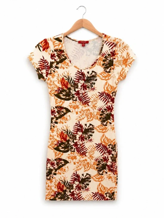Guess Tropical Scoop Neck Swim Cover-Up in Cream with Orange & Green Leaves