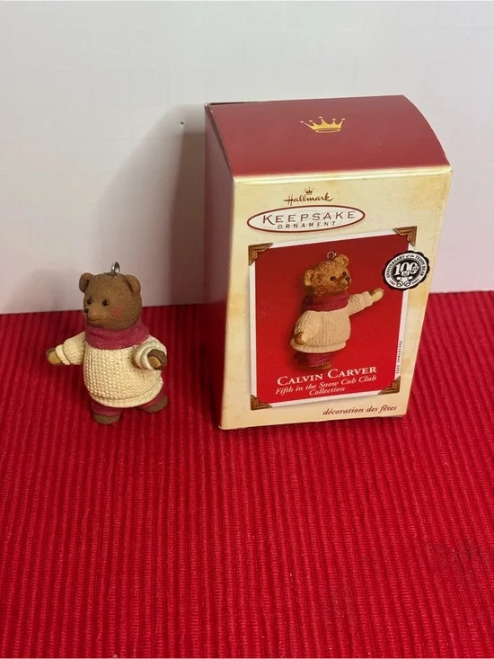 Hallmark Keepsake Calvin Carver Bear Ornament in Cream, Brown, and Red