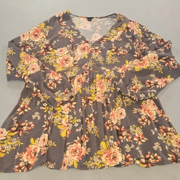 Torrid Babydoll Top‎ Women 3 Grey Pink Floral V-Neck Long Sleeve Rayon Blouse