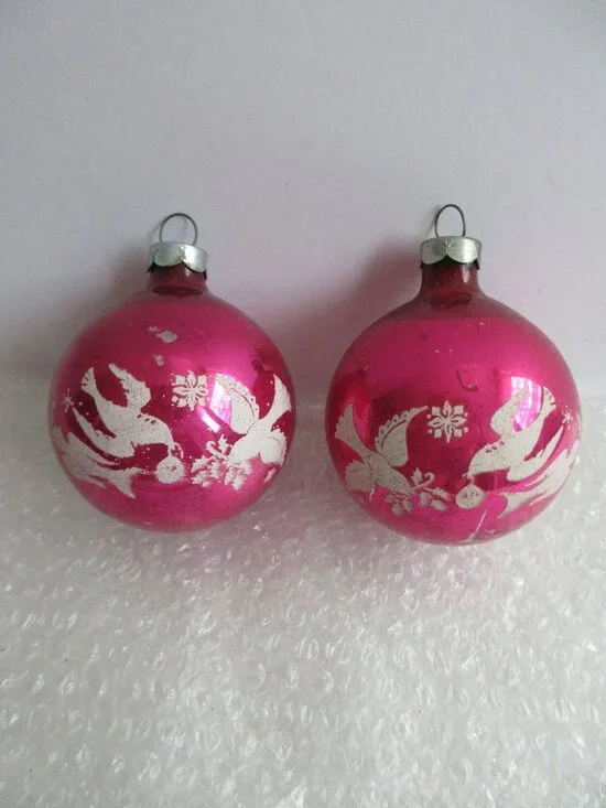 Dove Stencil Glass Christmas Ornament Lot of 2 Pink Fuschia Vtg Franke Corning?