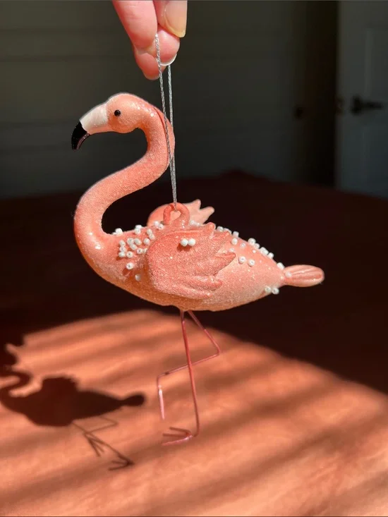 Pink sparkly flamingo ornament