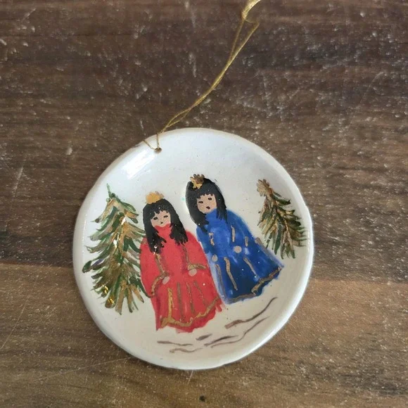 Christmas Tree Ornament Round Ceramic Angels Christmas‎ Trees Hand Painted 2.5