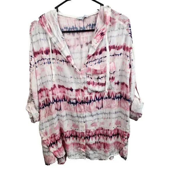 Fate Womens Oversized Hippie Hoodie Small Pink White Tie Dye‎ Button Hem