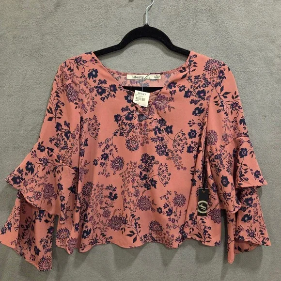 Liberty Love Floral Blouse Women's Size Small Boho Bell‎ Sleeve Ruffle Cottage