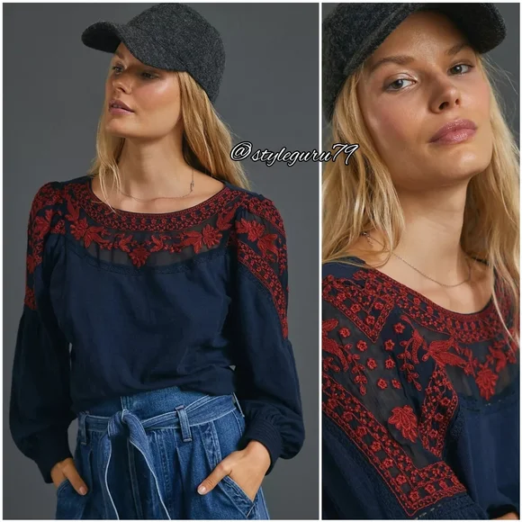 NWT, Anthropologie, KAMI EMBROIDERED Long Sleeve Top In Navy, Medium