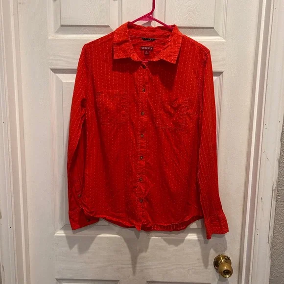 Merona Orange Textured Dot Print‎ Button Down Shirt Women's Large Career Office