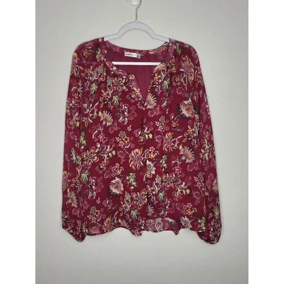 8th & Madison maroon floral long sleeve cute partial button pop over top XL NWT
