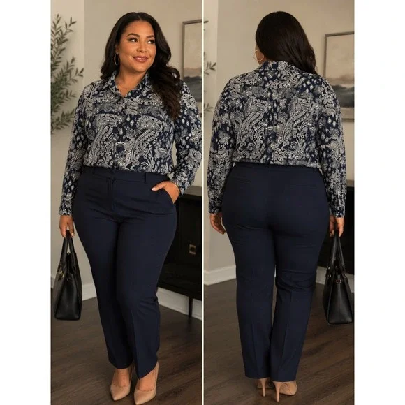 Chaps Plus Size 1X Blue & White Paisley Bandana Print Button Up Preppy Boho Chic
