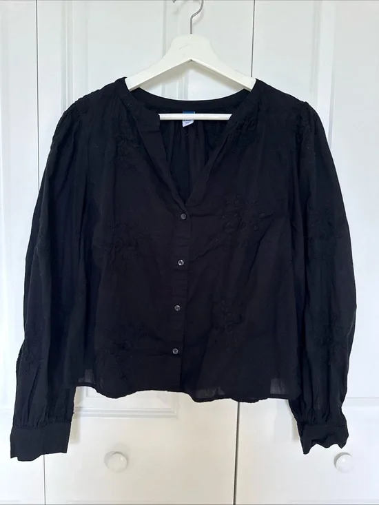 Embroidered‎ Longsleeve Cropped Black Blouse Cottage Core Hippie Boho Sz L