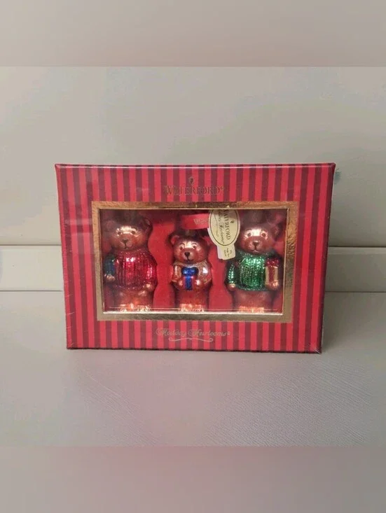 Set 3 Waterford Heirloom Collection Holiday Bear Christmas Ornaments Blown Glass