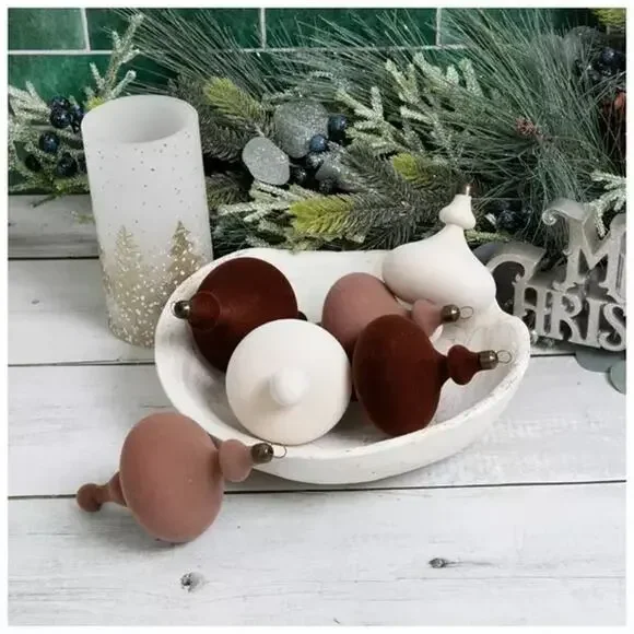 NEW Hobby Lobby Brown Cream Flocked Finial Ornament Set of 6
