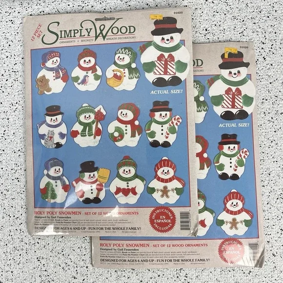 Vintage 90s‎ Simply Wood Christmas Ornament Craft Kit Roly Poly Snowmen 2 Packs