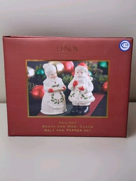 Lenox Holiday White, Red and Green Santa/Mrs. Claus Porcelain Salt & Pepper Set