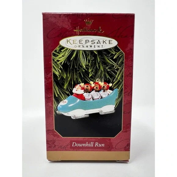 Hallmark Downhill Run Ornament NIB 1997 Santa Bobsled QX6705 Reindeer Quartet