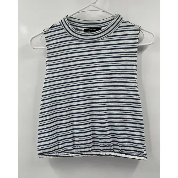 Forever 21 Large Striped Mock Neck Tank Top Womens Blue White Elastic Hem Crop‎
