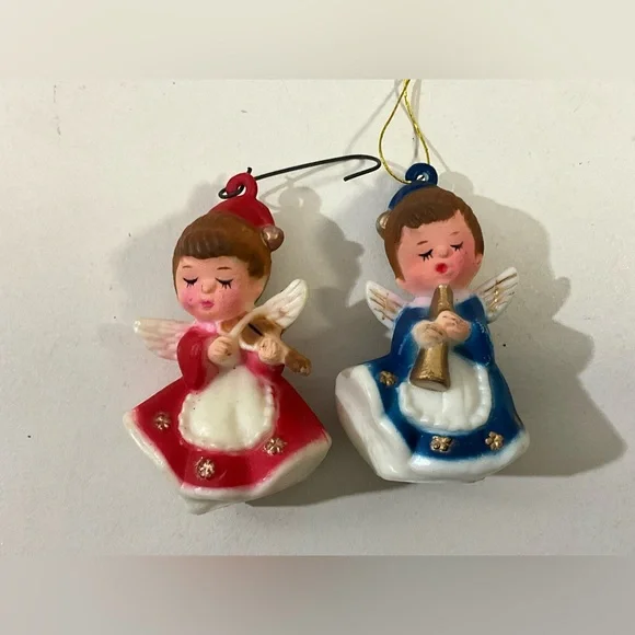 Vintage Lot of 2 MCM Plastic Christmas Angels Red and Blue
