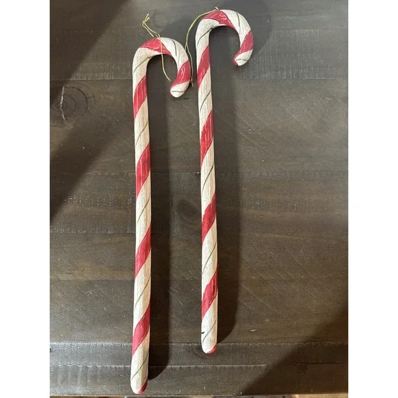 Rustic Hand Painted Resin Candy Cane Christmas Ornaments 11.5 Inch Set of 2