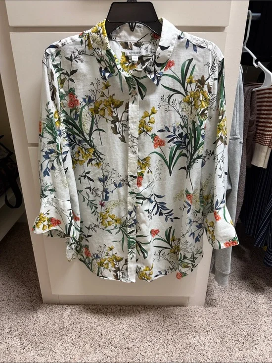 Chico's White Floral Button-Down Shirt with Green & Yellow Botanical Print