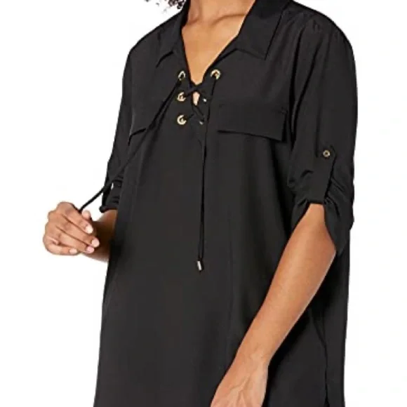 Calvin Klein modern essentials‎ black roll tab sleeve blouse, Size S, NWT