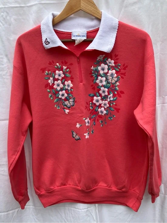 Vintage Grandma Morning Sun Collared Sweatshirt - Coral w/ Flowers & Butterflies