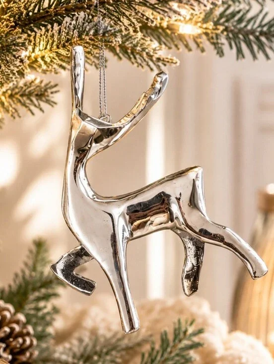 Vintage Silver Reindeer Ornament Christmas Tree Decor Scandinavian Holiday Deer