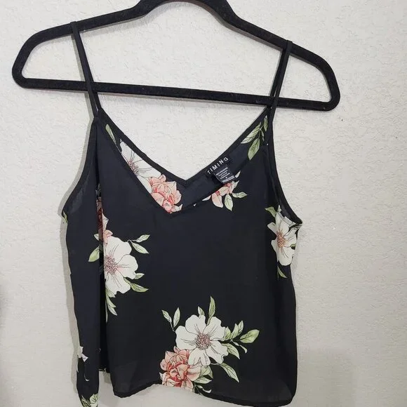 Timing Camisole Womens Size M Floral Black Sleeveless Polyester Whimsigoth