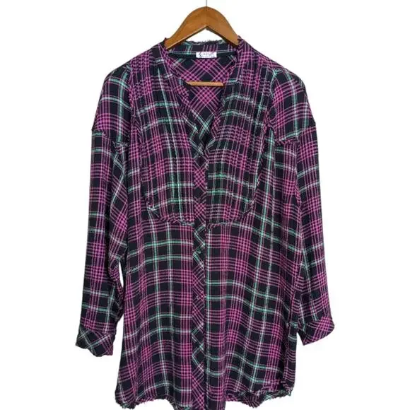Free People Plaid About You Sleep Flannel Top XS Oversized Button Pink Black