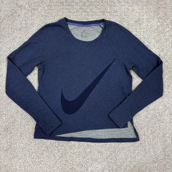 Nike Shirt Womens Medium Blue Dri-FIT Long Sleeve Swoosh Running Gym Training