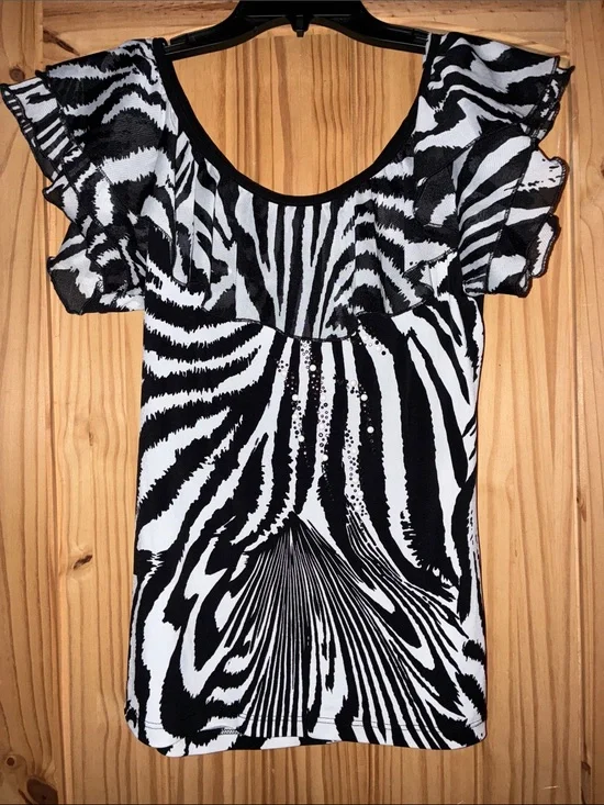 Picadilly Fashion Black and White Zebra-Print Ruffle Sleeve Top