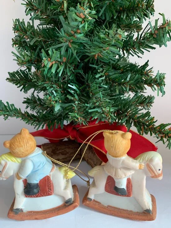 Vintage porcelain bisque rocking horse bears  Christmas ornaments