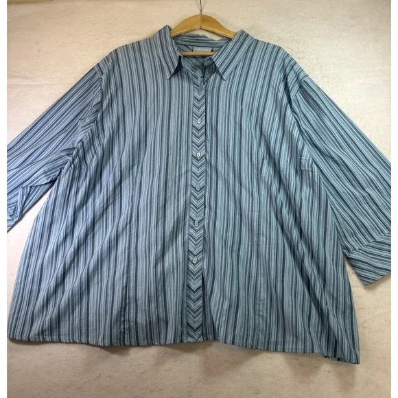 Liz & Me Striped Button Up Shirt Womens Plus Size 5X White & Blue Casual