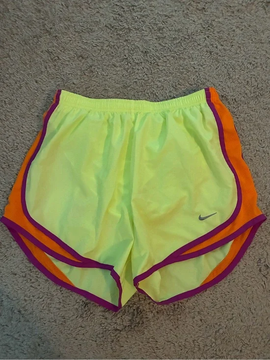 Nike Neon Yellow Athletic Shorts with Orange Panels & Purple Trim