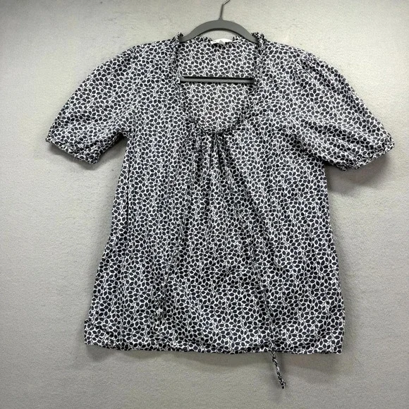 Gap Blouse Top Womens Tall Medium White‎ Navy Leaf Pattern Cotton Pleat Tie Neck