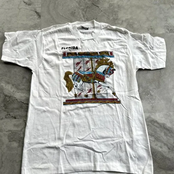 Vintage 90s Single Stitch Florida Carousel Horse Sz L T Shirt‎ USA
